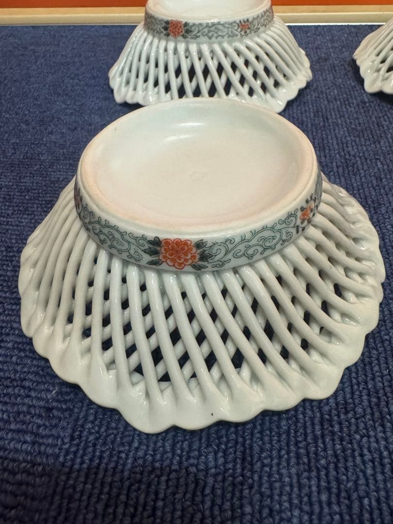 1601  希少　深川製磁 透かし皿 鳳凰文　菓子器  4客