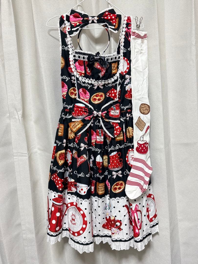 French cafe ジャンパースカート　カチューシャ　オーバーニー　セット