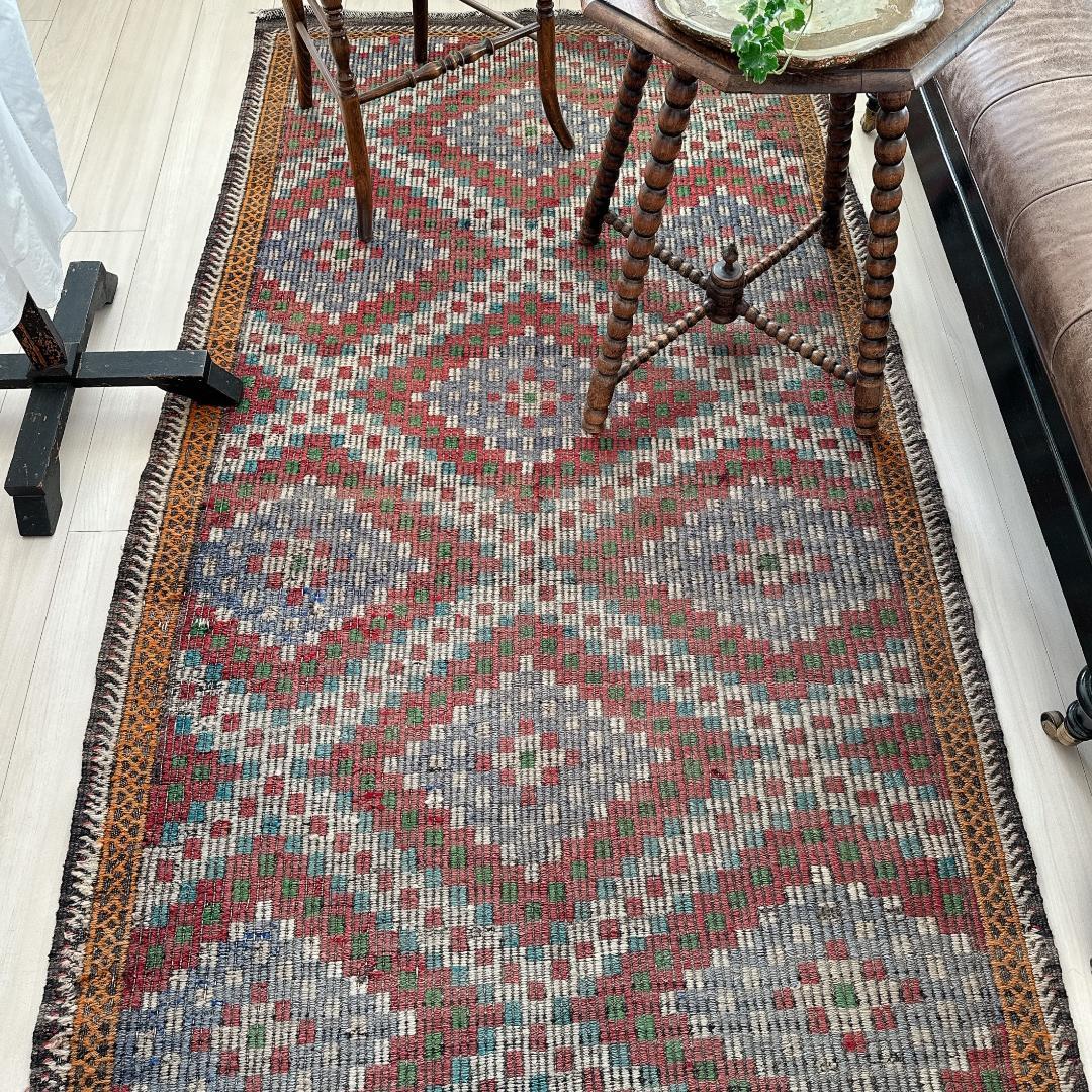 トルコ製ヴィンテージラグ940レア 大判 オールドキリム ジジム ブルー レッド