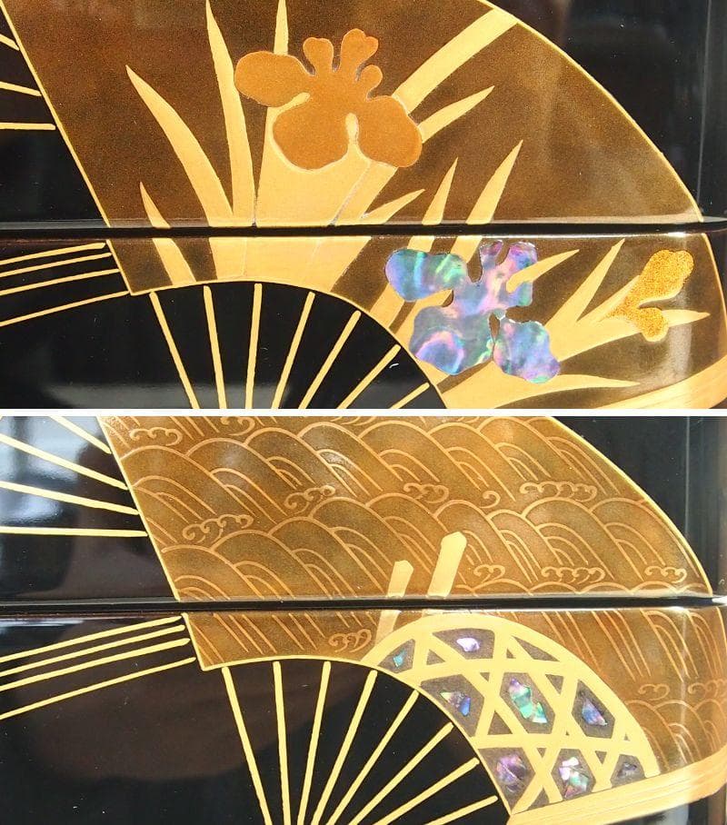 【高級・未使用】輪島塗 道甫作 扇面蒔絵 四段重箱 台付き お重/弁当箱 漆器