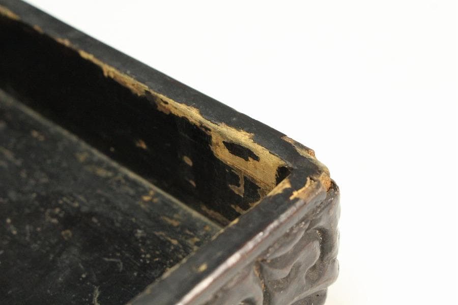 中国美術 彷 堆黒 具利縁 人物鳳鶴紋 蓋物(K-YC375)