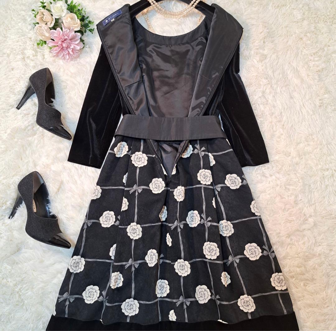 高級✨エムズグレイシー　スカート　花柄　ベロア　38 長袖　黒　リボン　M