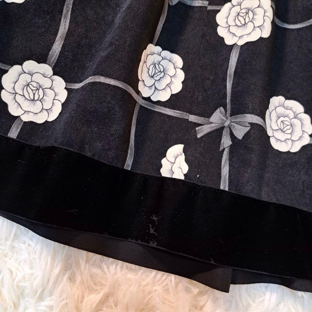 高級✨エムズグレイシー　スカート　花柄　ベロア　38 長袖　黒　リボン　M