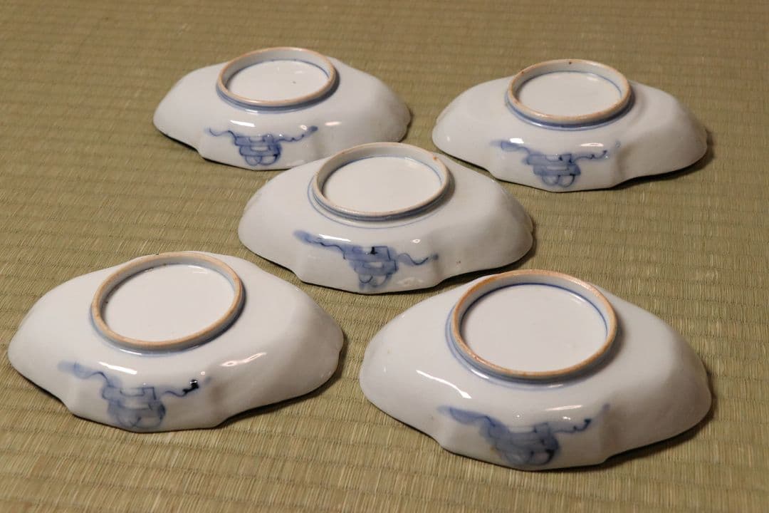 【CM53】古伊万里 桐鳳凰図 変形 刺身皿 五客 鶴 金彩 錦手 菱形 向付