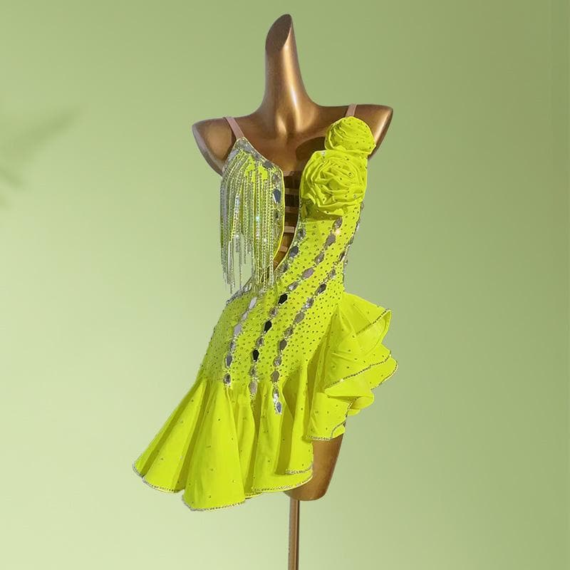 ラテンドレス 高級競技用 ワンショルダー フリル ワンピース ステージ衣 競技会