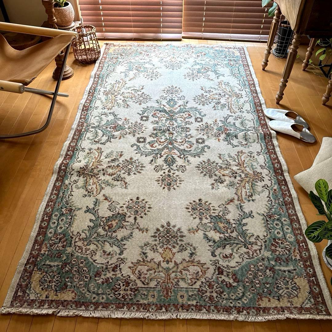 117×214 エメラルドグリーン　メダリオンボタニカル　トルコヴィンテージラグ