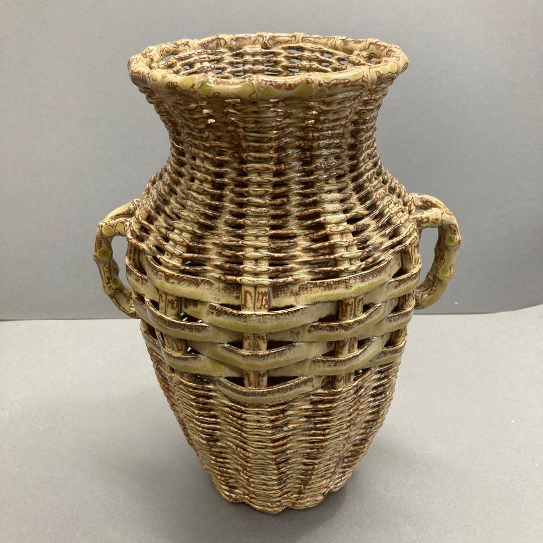 骨董品　華道道具　陶器　籠花入(そっくり)、ふこ山人　造　共箱　S1031KH