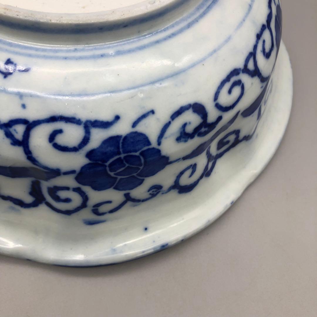 明治時代古伊万里ベロ藍蝶捻文印判手中押し鉢ボウル24cm伊万里焼骨董品