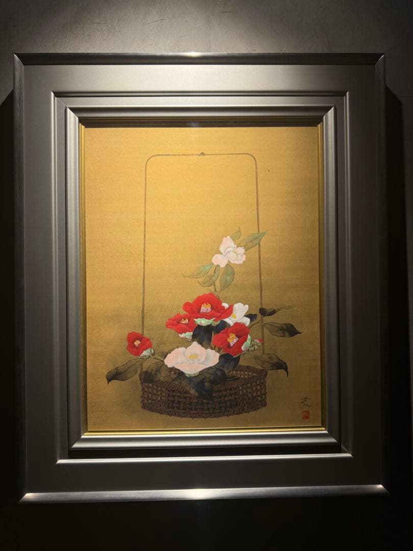 河出幸之助【椿】　肉筆日本画　直筆サインあり