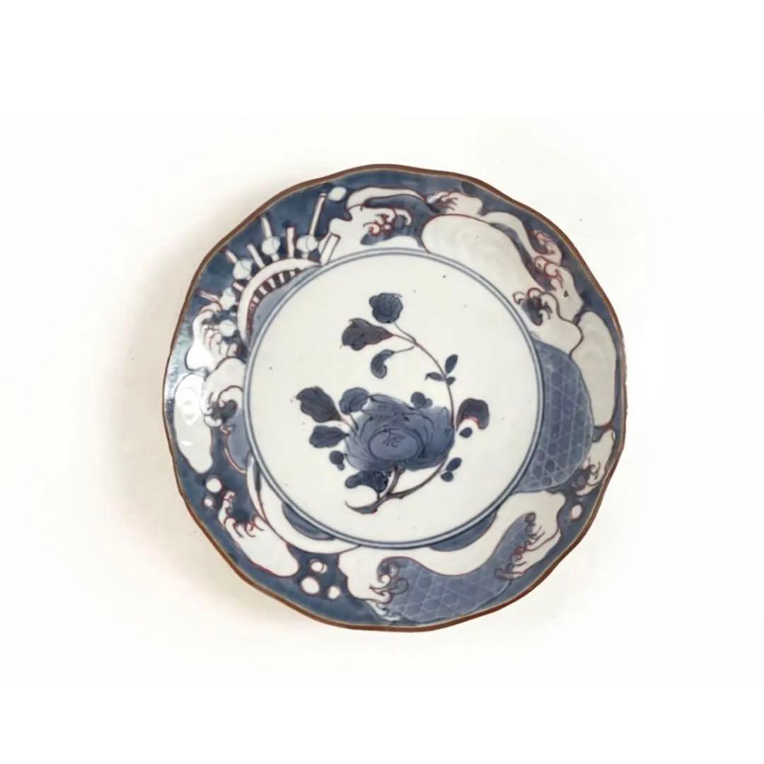 骨董　アンティーク　藍九谷　古九谷金銀彩　輪花　七寸皿　牡丹　蛇籠　水車