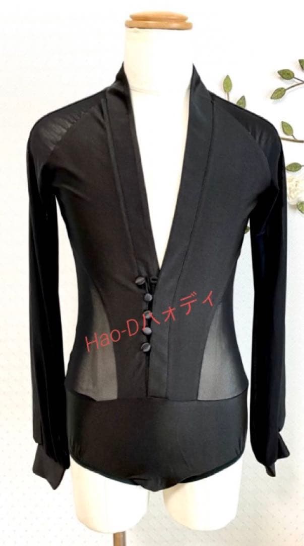 社交ダンス★新品★メンズシャツ★ラテン★Vライン★黒★M