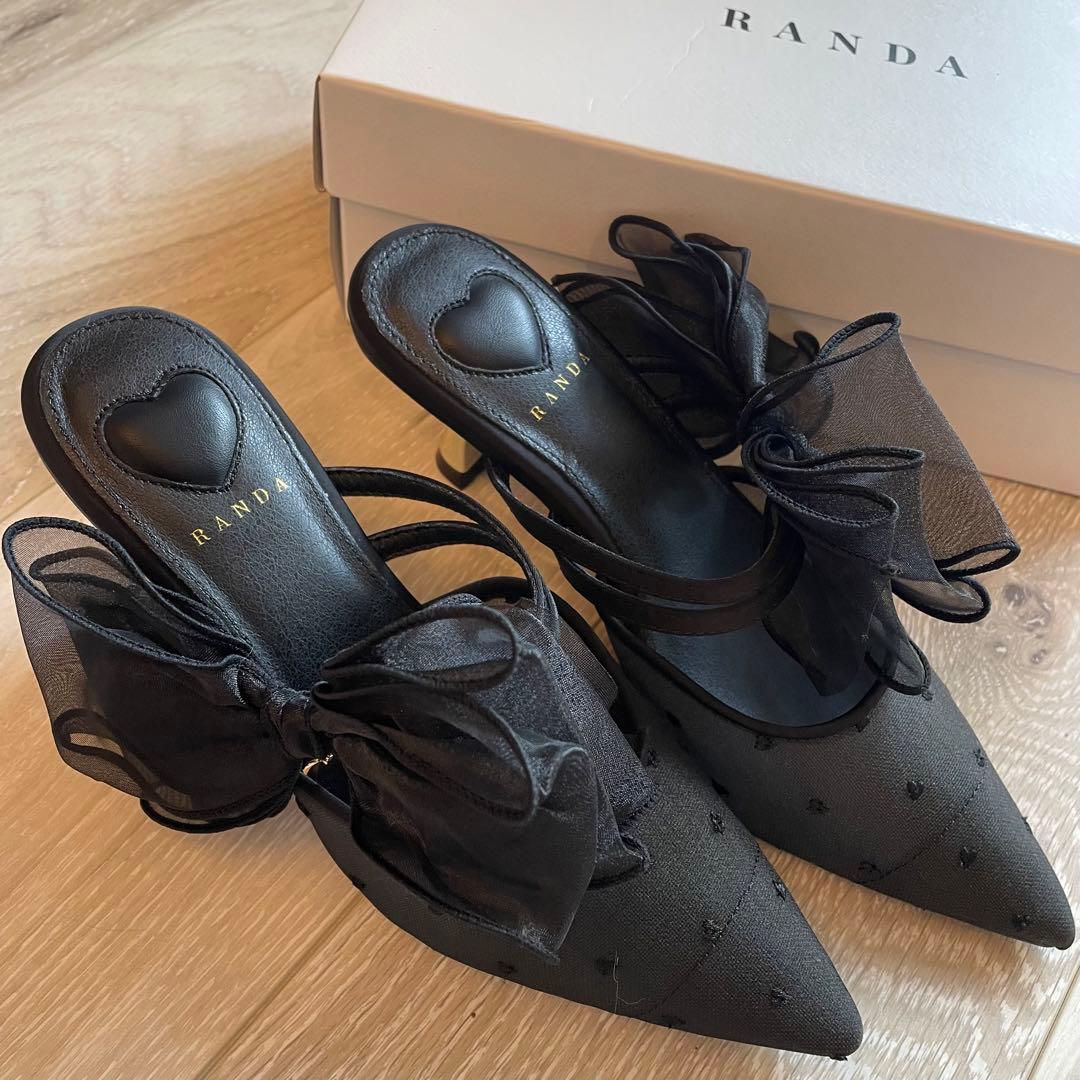【RANDA】シフォンリボンハートミュールパンプス ブラック Mサイズ