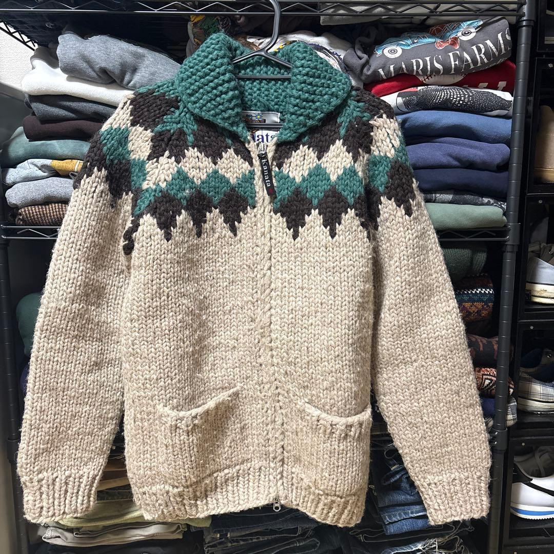 【美品】カナタ　カウチンニット　セーター　ジップアップ　ベージュ　カナダ製　現行