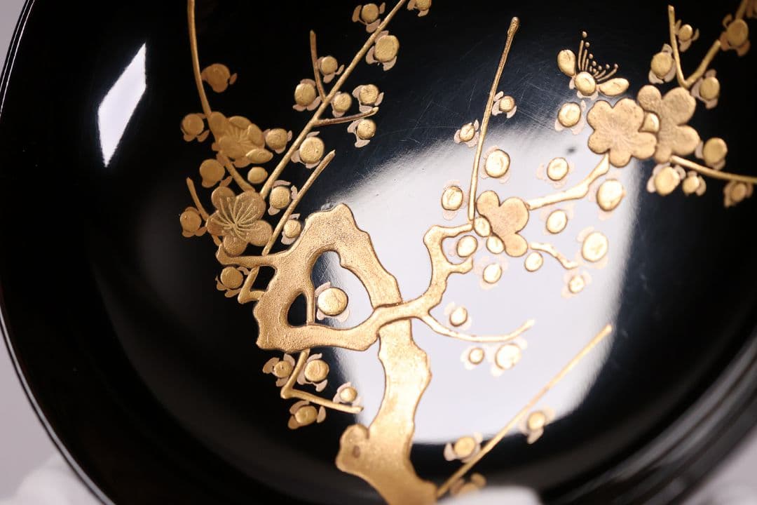 【CM232】古い木皿 五客 梅 金蒔絵 黒塗 小皿 菓子皿 木製漆器 大正昭和