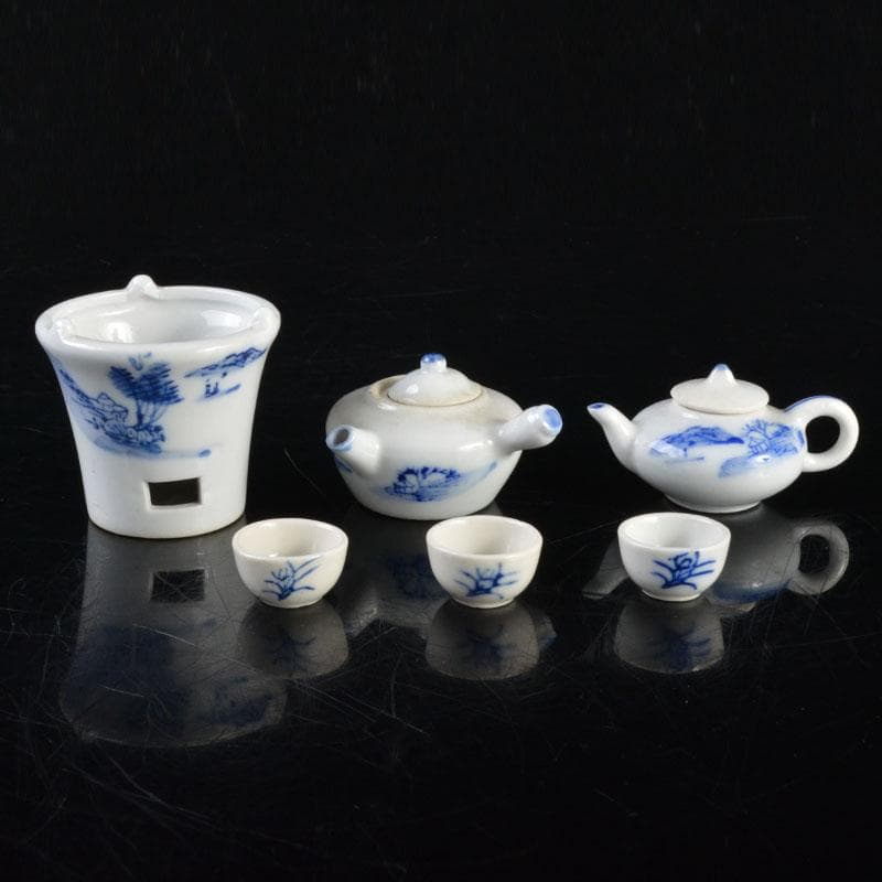 中国　青花　山水文　ミニチュア茶器　急須　涼炉　湯呑　4点　V　R4721