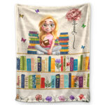 Vintage Bookself Reading Girl With Birth Month Flower - Supsuppy Sherpa Blanket