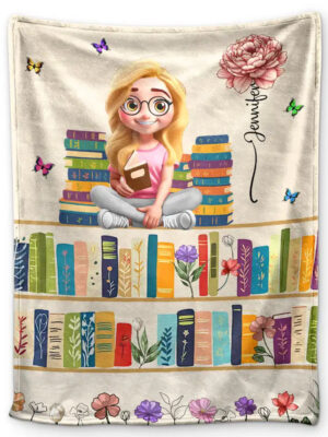 Vintage Bookself Reading Girl With Birth Month Flower - Supsuppy Sherpa Blanket