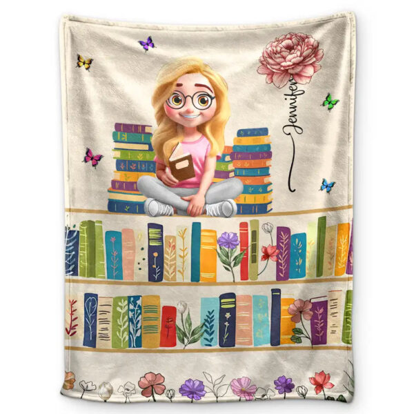 Vintage Bookself Reading Girl With Birth Month Flower - Supsuppy Sherpa Blanket